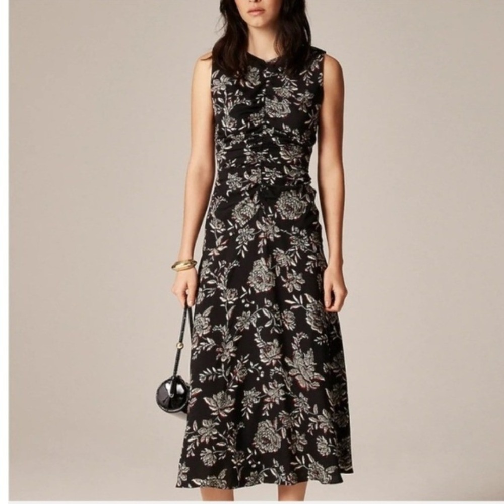 J.Crew Black Floral Ruched Sleeveless Midi Dress CP157 Size 10 NWT $238